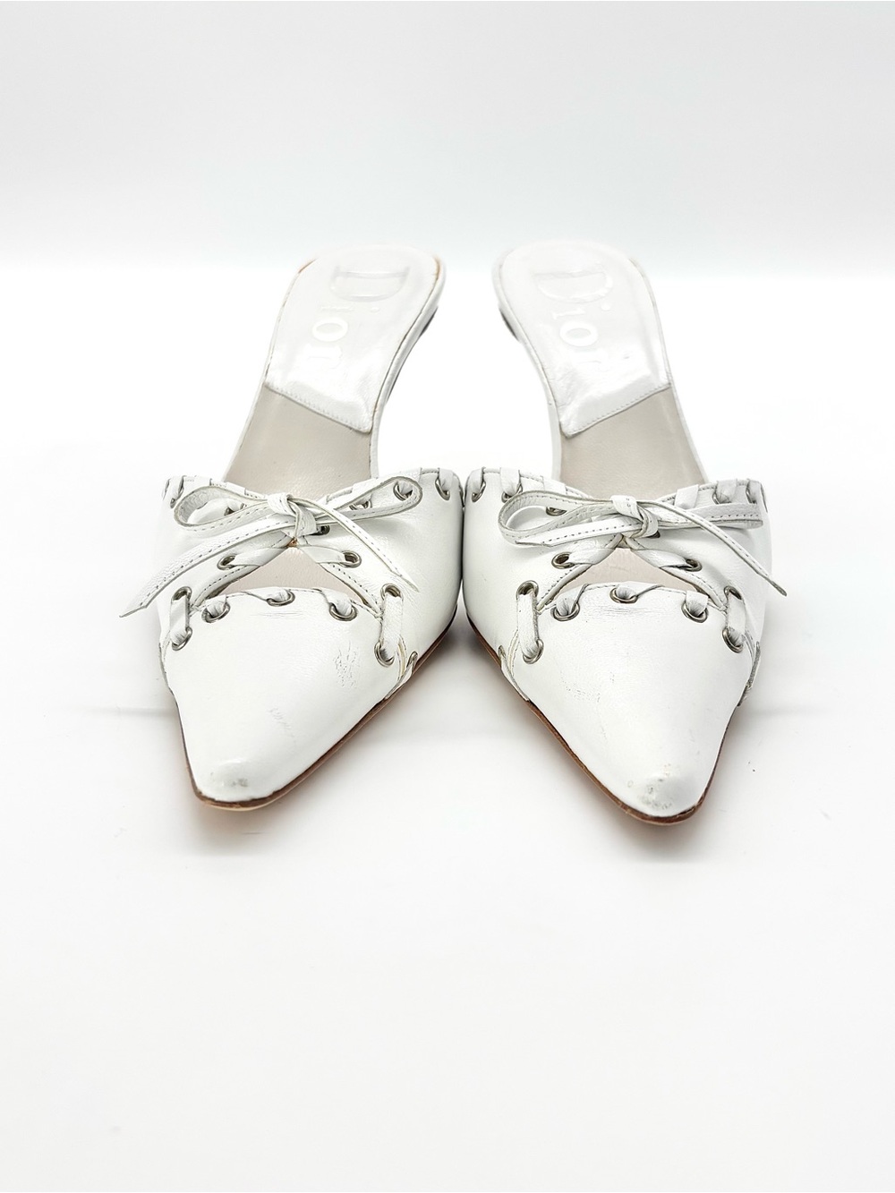Dior Vintage John Galliano Bow Grommet Embellished Pointed Toe Mules Pumps 37 - Picture 2 of 11